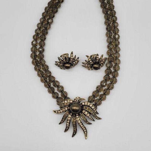 Heidi Daus Smokey Quartz Swarovski Crystal + Chocolate Pearl Necklace + Earrings - Picture 2 of 8
